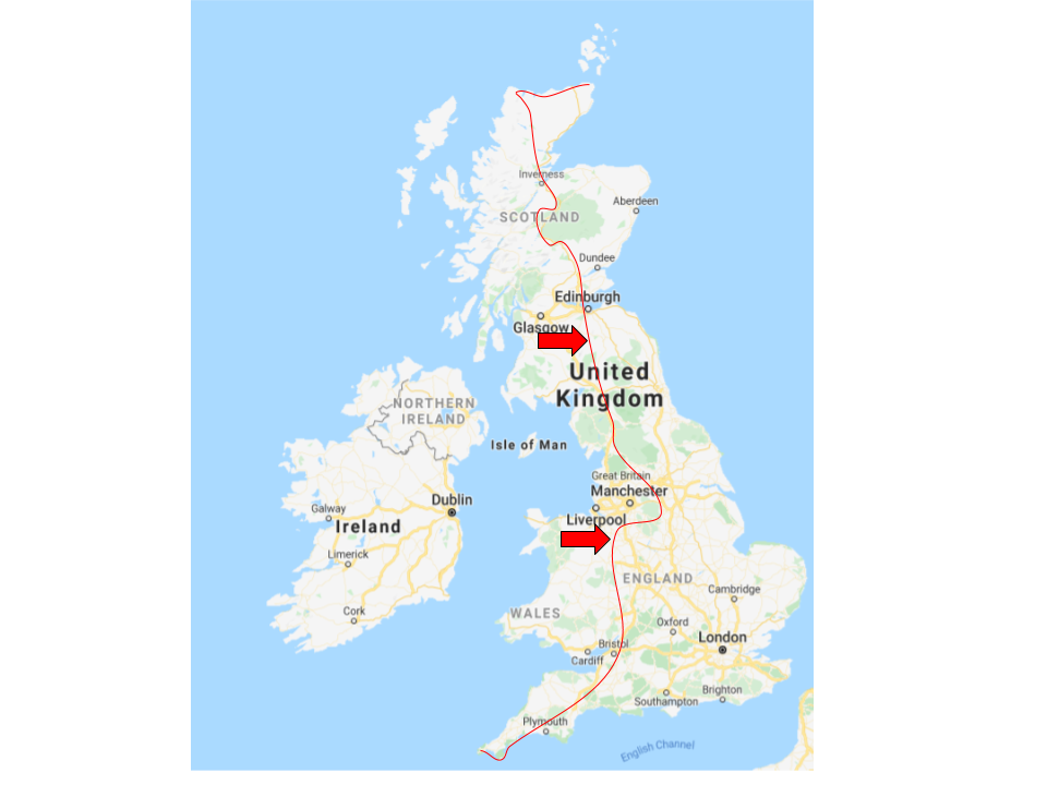 Map of UK showing cycling route
