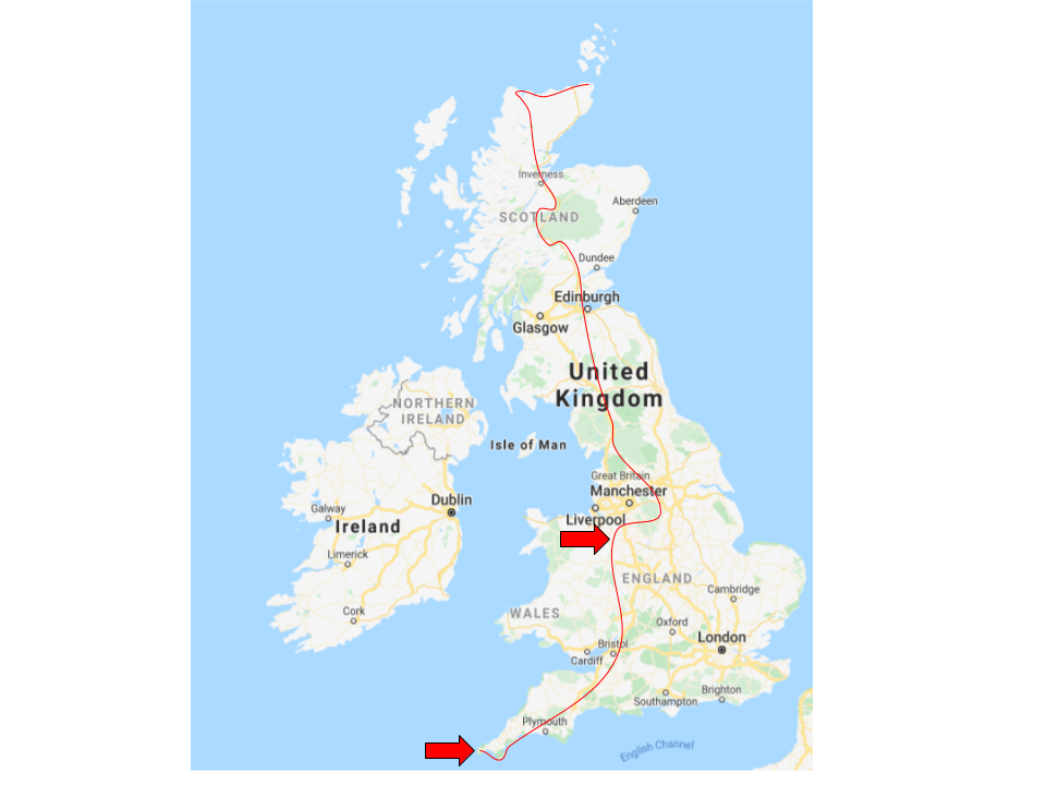 Map of UK showing cycling route